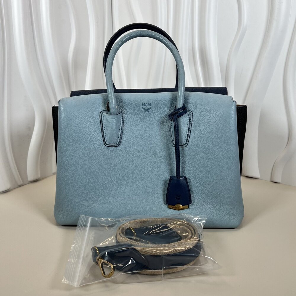 MCM Milla Medium Top Handle Tote Light Sky Blue/Mint and Black Accent image 2